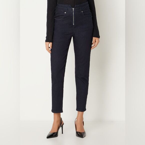 ba&sh Denim - BA&SH women’s skin fit high waisted dark navy cropped logo embroidered jeans sz6